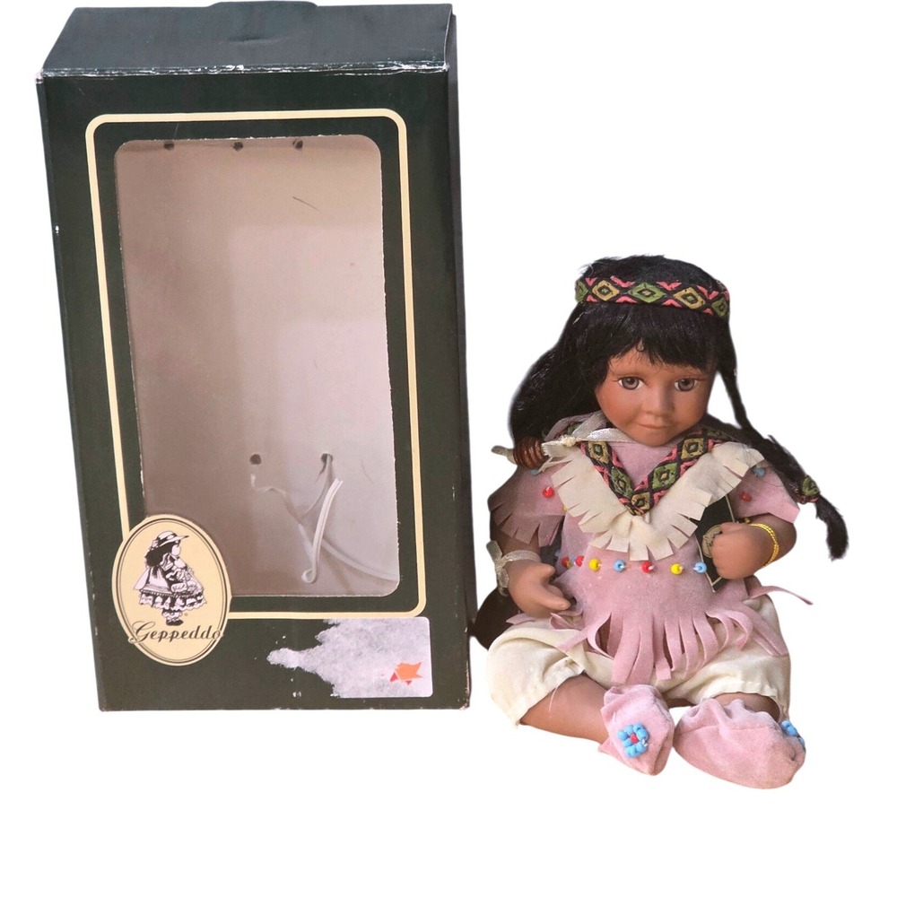 Geppeddo Native American‎ Porcelain Collector Doll Pink Fringe Beaded with Cup